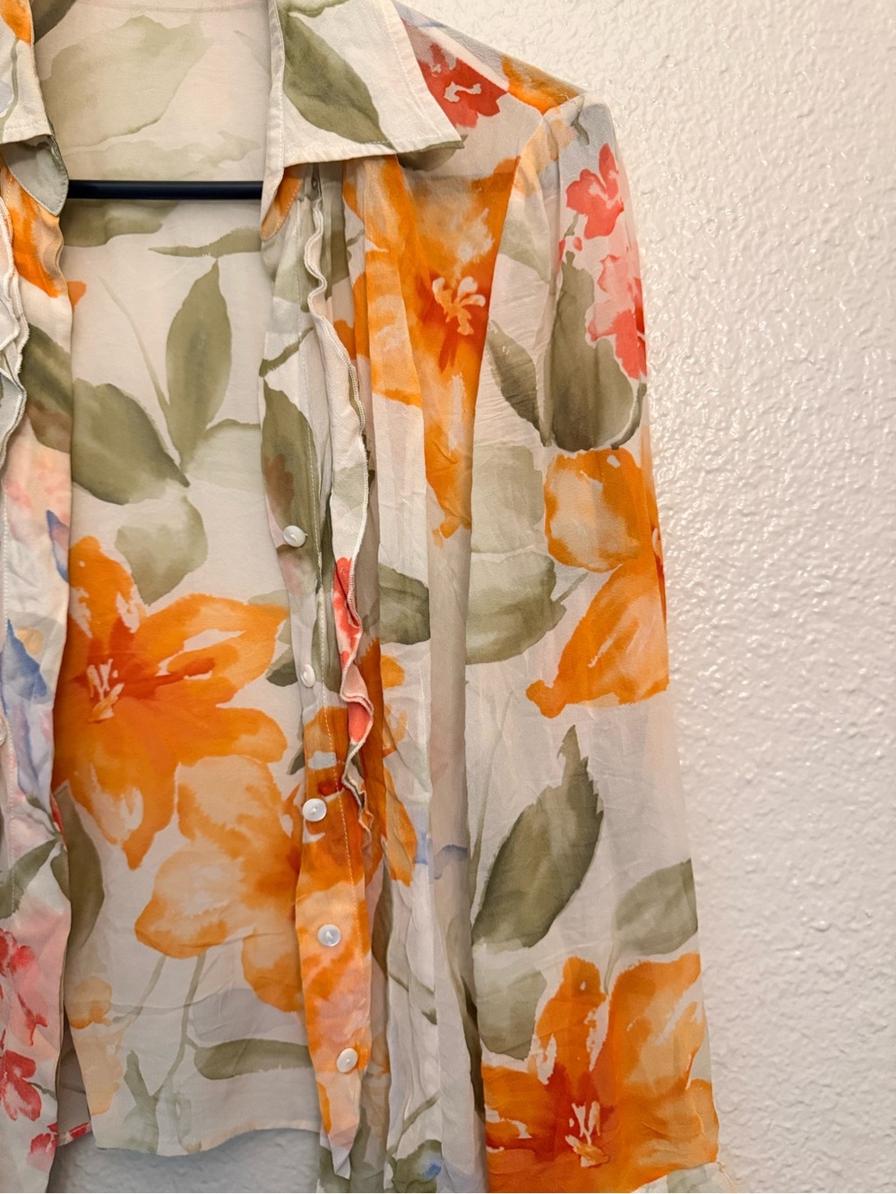 Sheer Floral Ruffle Button-Up Blouse - Picture 2 of 4
